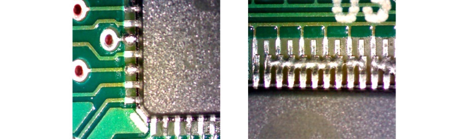 Board cleaned with brush attachment (separate aerosol was used for pre-rinse and final rinse). Some white residue shown around QFN B and QFP, respectively.