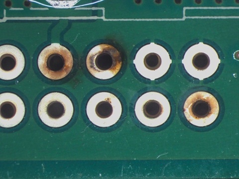 Corrosion from PCB fabrication contamination (photo courtesy of Foresite)