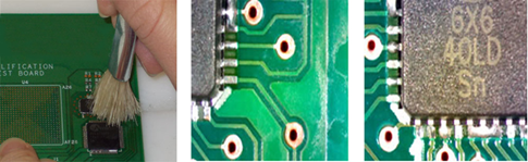 Board cleaned with a handheld brush. The components were wetted, and then the brush was wetted and used to scrub the contaminated area. The board in the first picture did not undergo a final rinse. The board in the second picture did (not all flux was removed). 